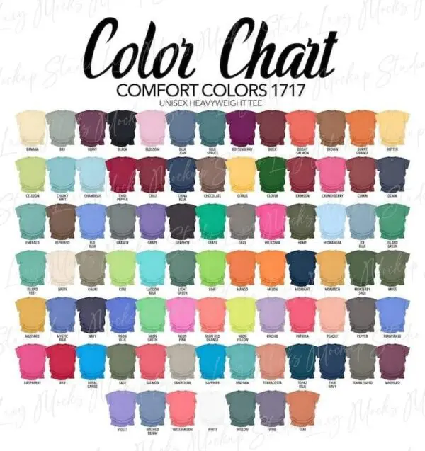 A color chart of all the colors in comfort colors.