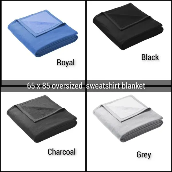 A large blanket that is black, grey and royal blue.