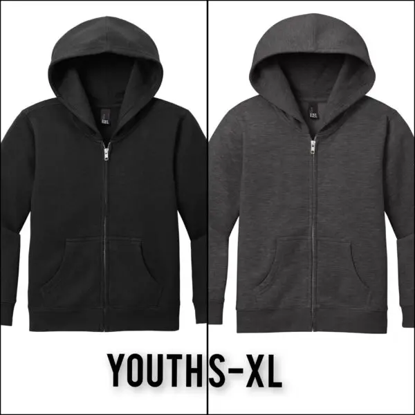 A black and a dark gray hoodie with the words youth-xl on it.