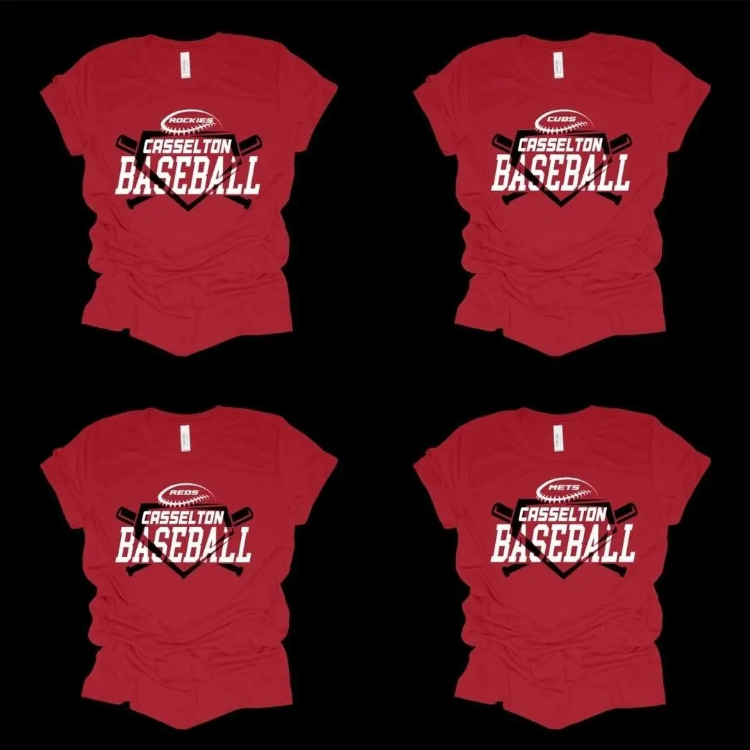 Four red shirts with a baseball logo on them.