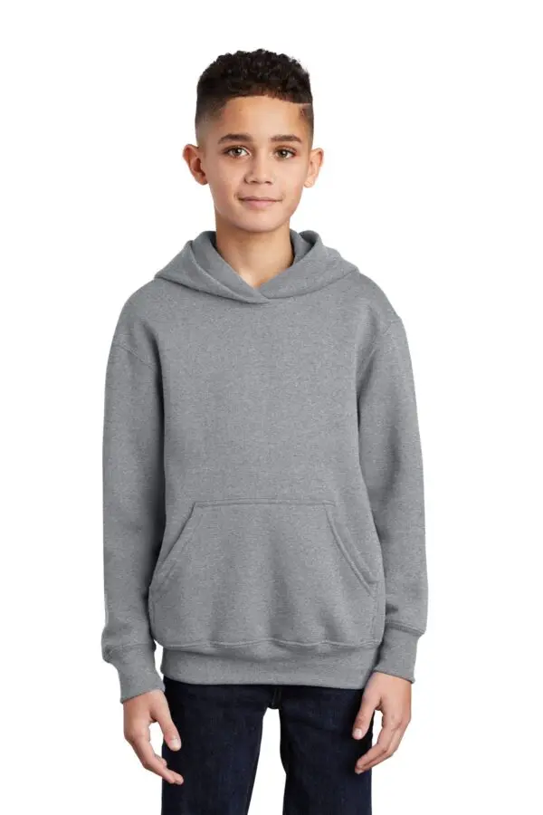 A young boy wearing a gray hoodie.