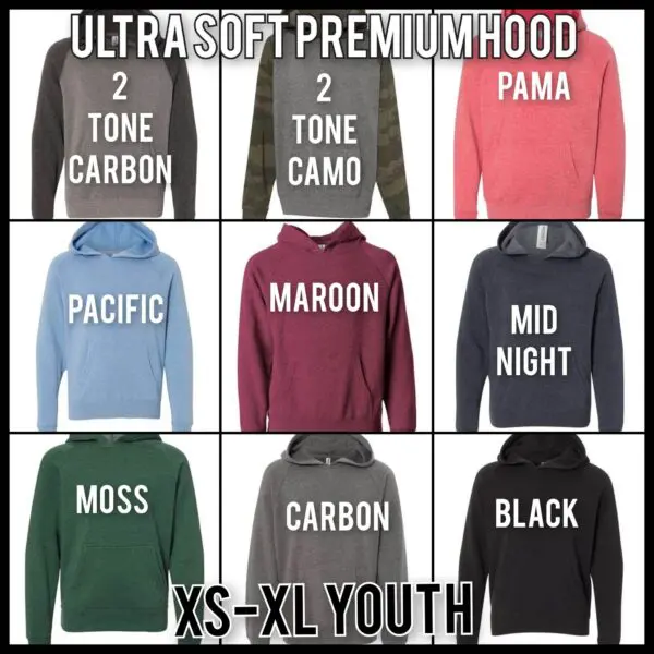 A bunch of different colored hoodies with the words " xsxl youth ".