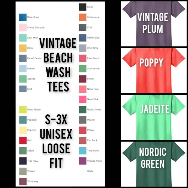 A color chart showing the different colors of t-shirts.