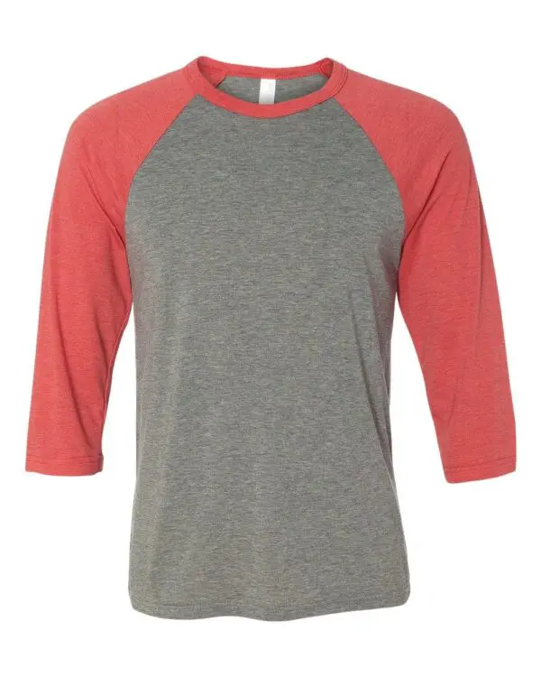 A gray and red shirt with three quarter sleeves.
