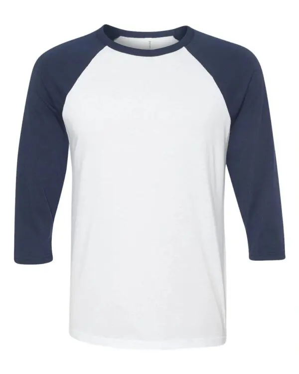 A white shirt with blue sleeves and a black top