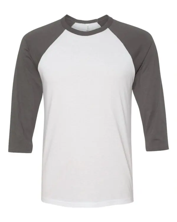 A white and gray shirt with three quarter sleeves.