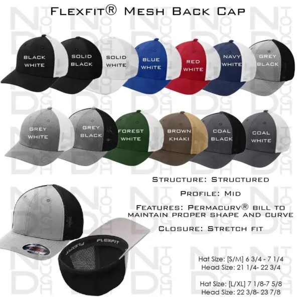 A picture of different colors and sizes of flexfit hats.