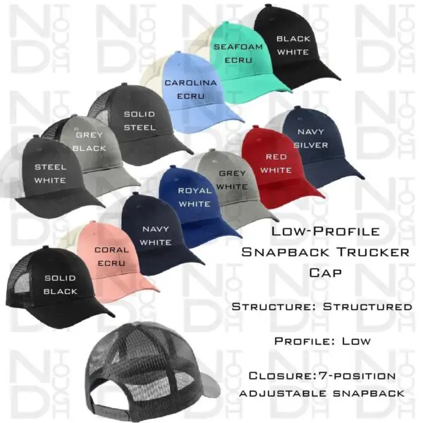 A picture of different colors of hats with the words " low profile snapbacks trucker cap ".
