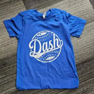 A blue shirt with the word dash on it.