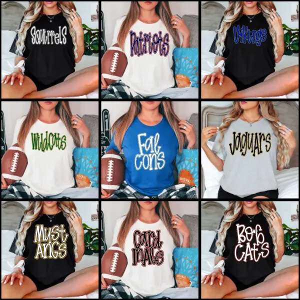 A bunch of different colored shirts that are on a woman