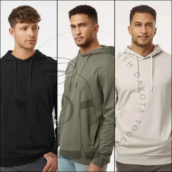 Three men wearing different colors of hoodies