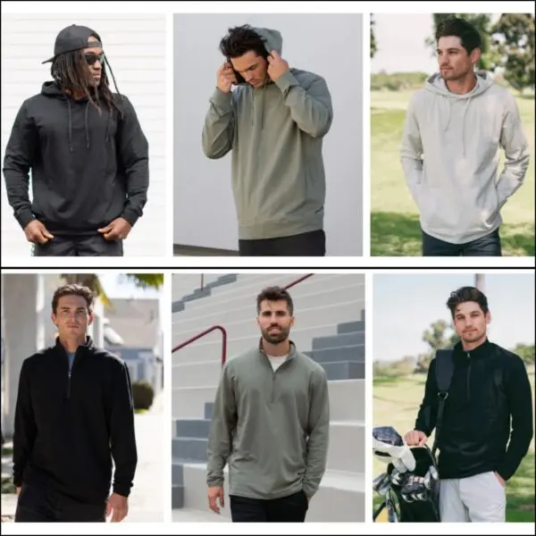 Six different men wearing black and white shirts.