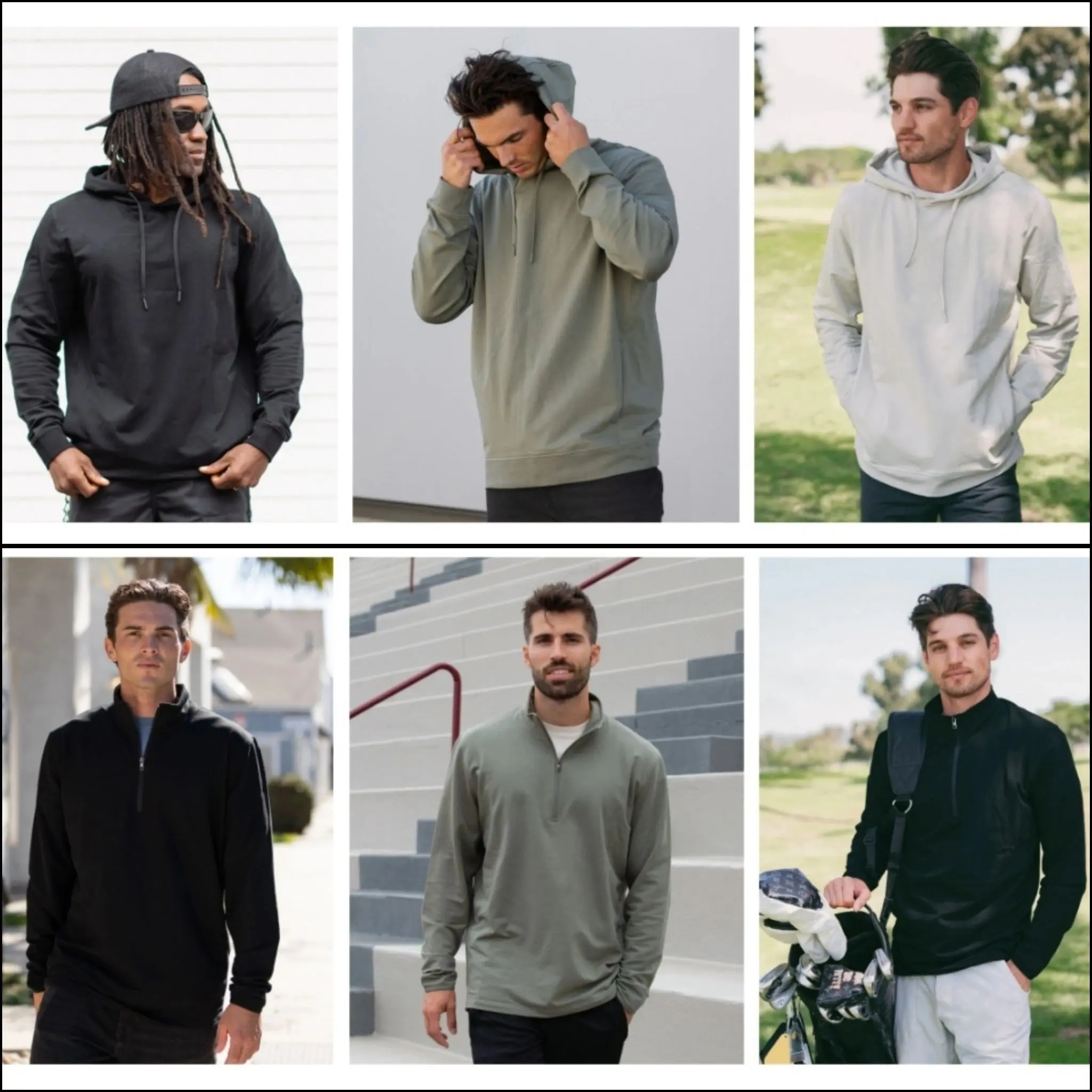 Six different men wearing black and white shirts.