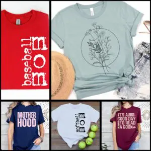A collection of different shirts with baseball mom on them.