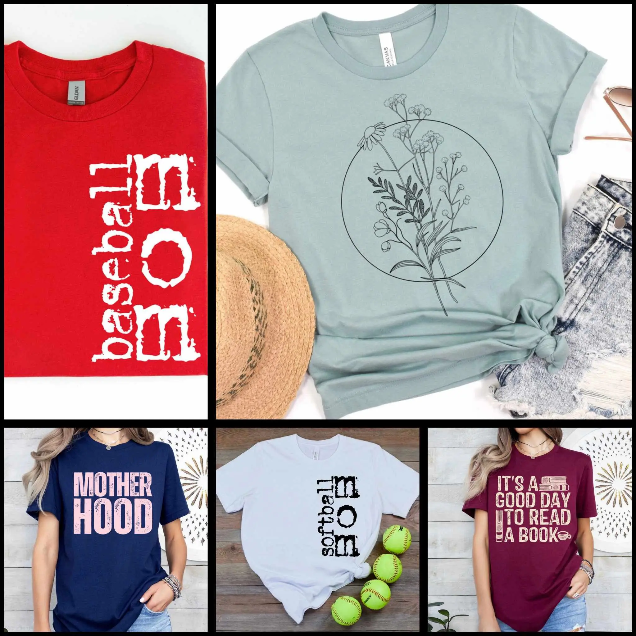 A collection of different shirts with baseball mom on them.