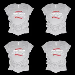 A group of four white shirts with faces on them.