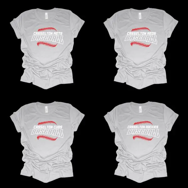A group of four white shirts with faces on them.