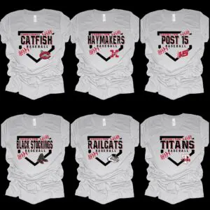 Six different shirts with the names of each team.