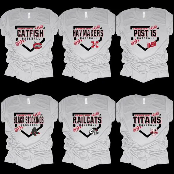 Six different shirts with the names of each team.