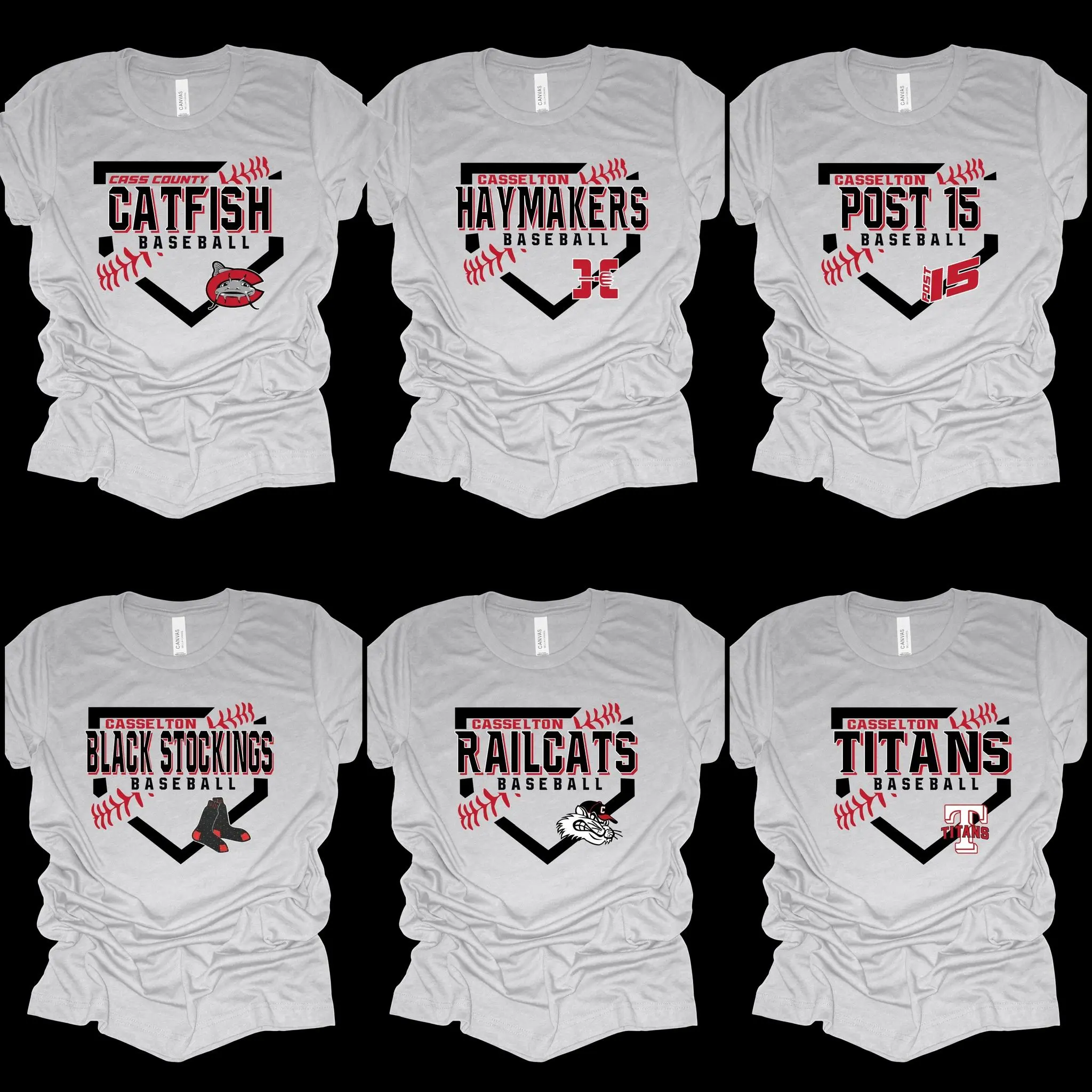 Six different shirts with the names of each team.