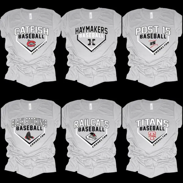 Six different baseball shirts with a logo on them.