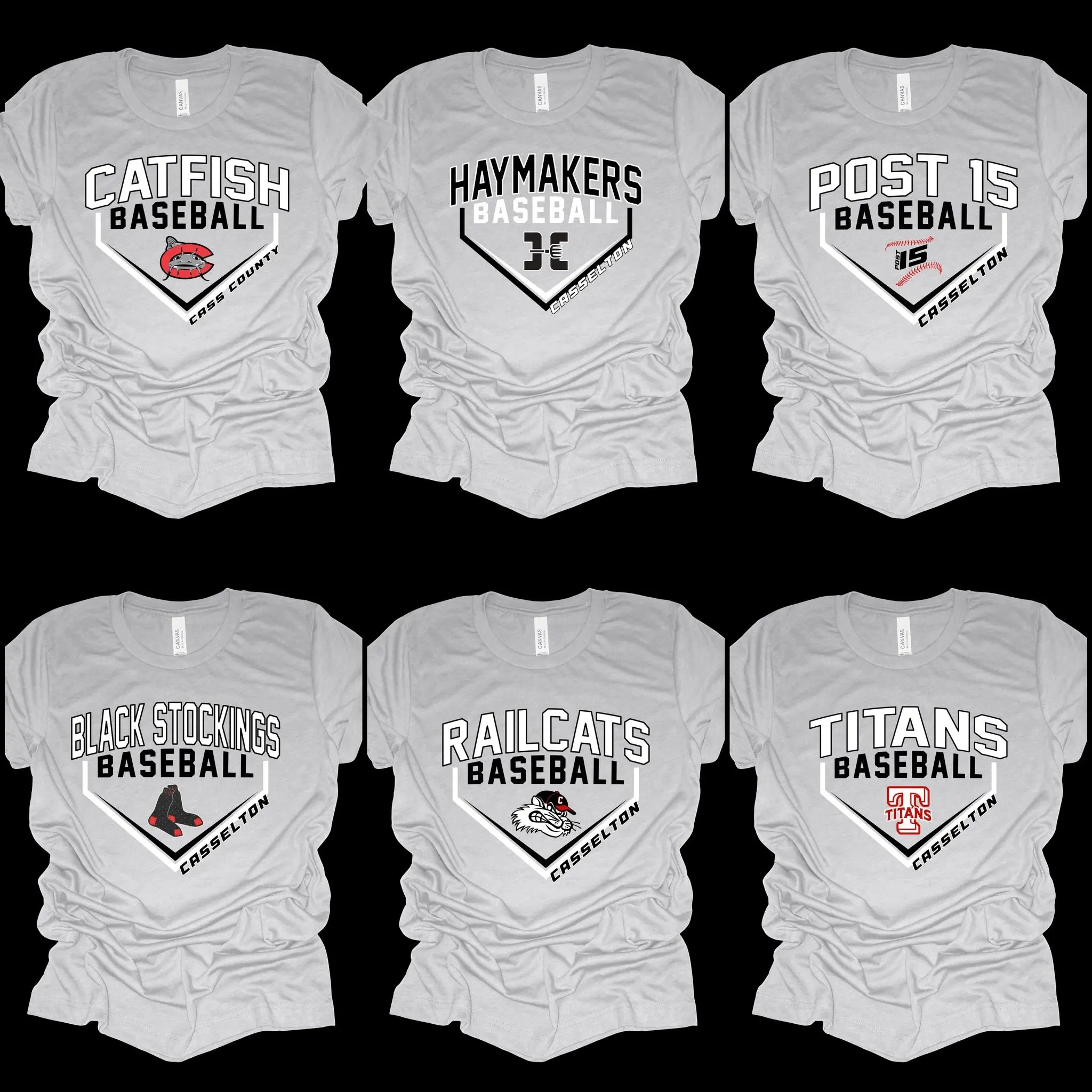 Six different baseball shirts with a logo on them.