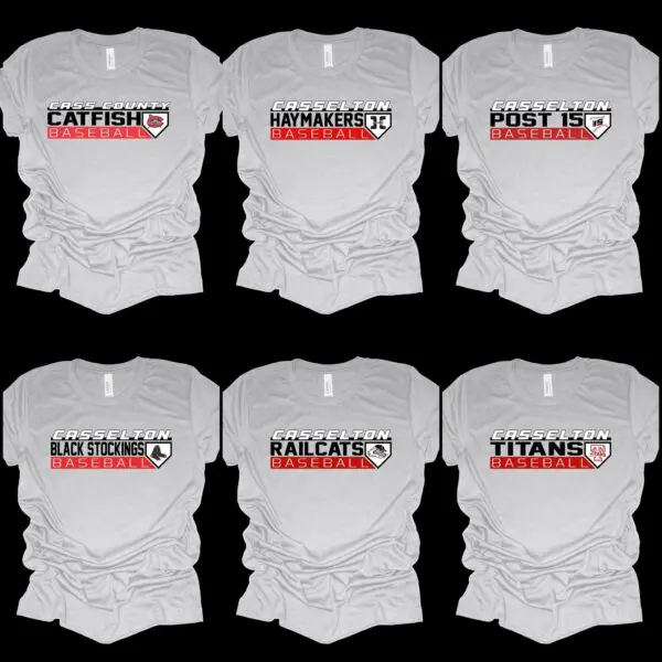 Six white shirts with a red and black logo.