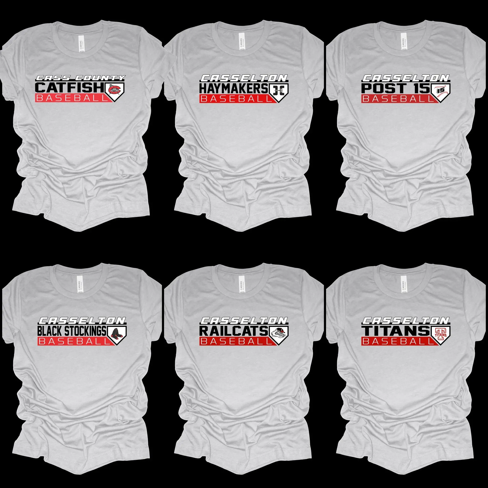 Six white shirts with a red and black logo.