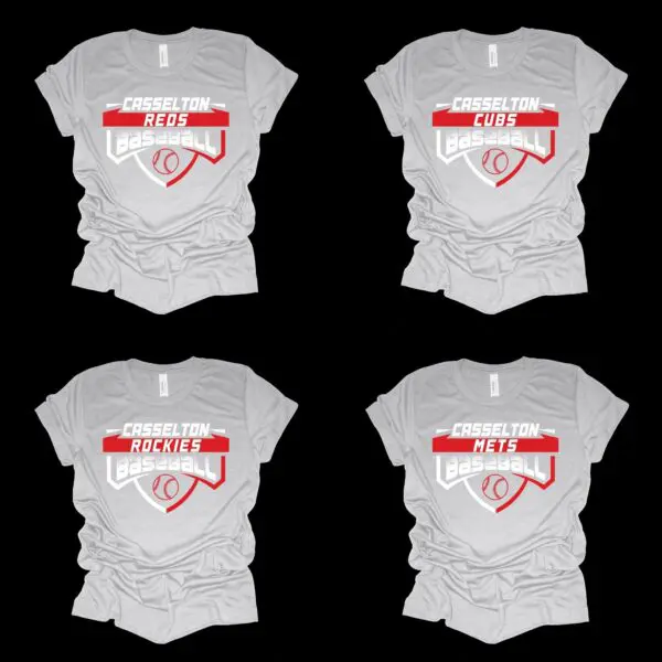 A group of four shirts that are all white and red.