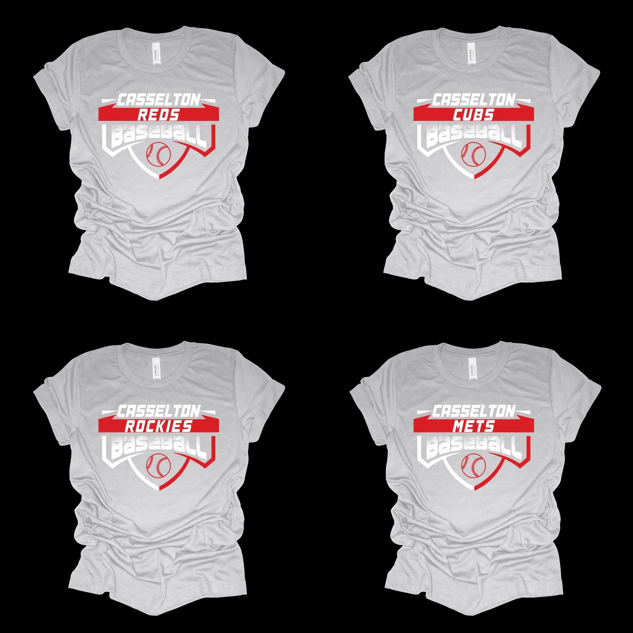 A group of four shirts that are all white and red.