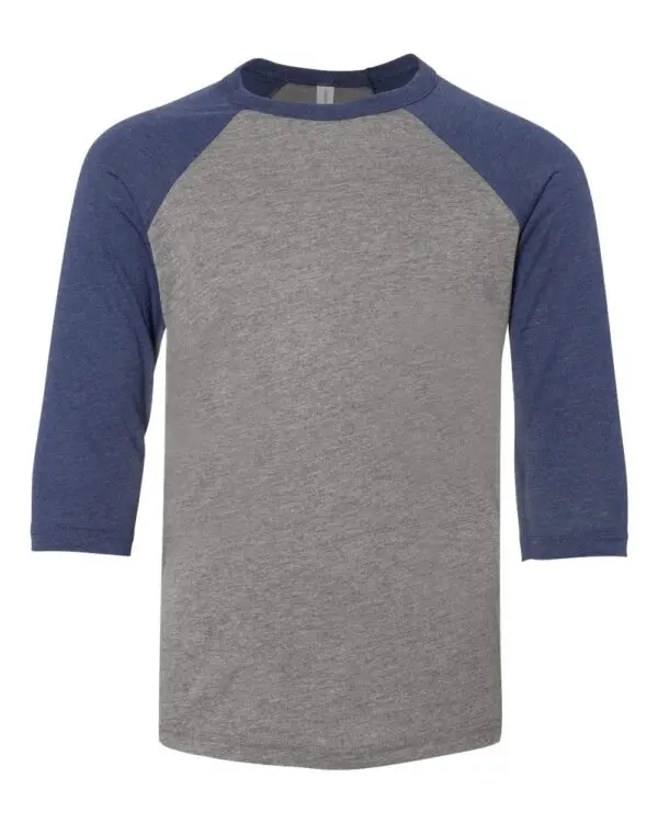 A gray and blue shirt is shown with no background.