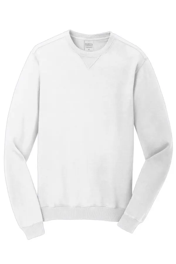 A white sweatshirt with a small logo on it.