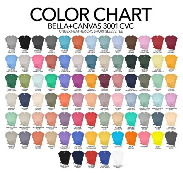 A color chart of all the colors in bella canvas 3 0 0 1.