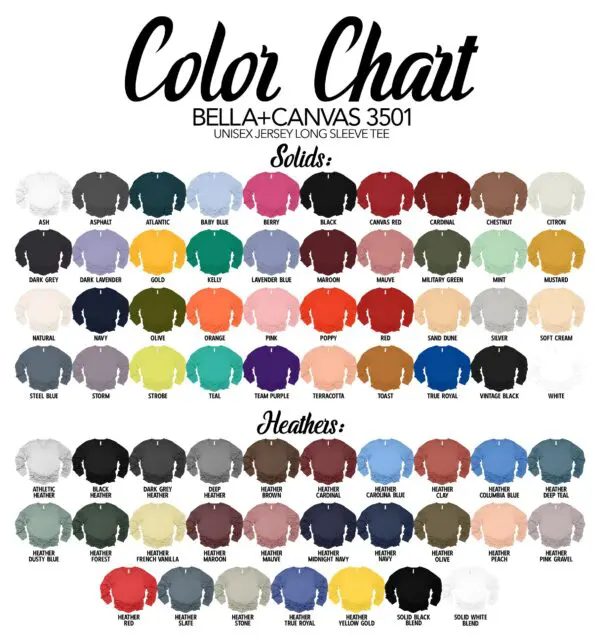 A color chart of all the colors in bella canvas.