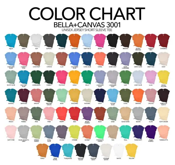 A color chart of all the colors in bella canvas.