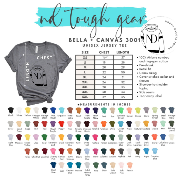 A chart of the different colors and sizes of bella canvas shirts.