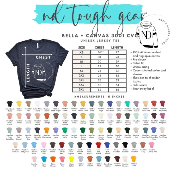 A chart of the different colors and sizes of bella canvas shirts.