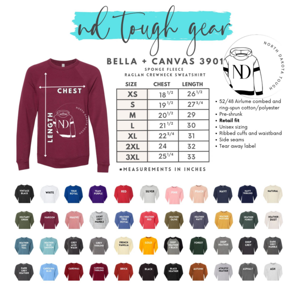 A chart of the different colors and sizes of bella canvas.
