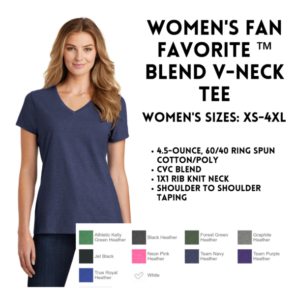 A women 's fan favorite v-neck tee with the words " women 's fan favorite blend v-neck tee ".