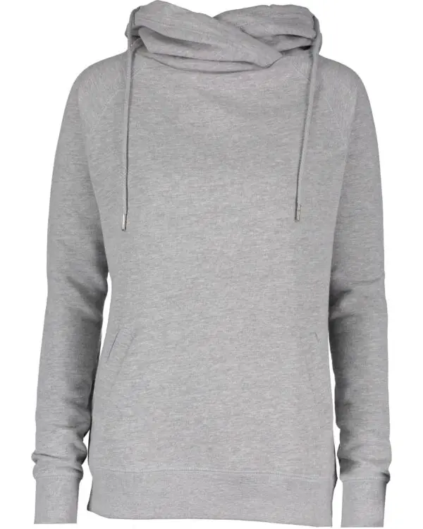 A gray sweatshirt with a hood and a zipper.