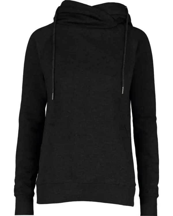 A black sweatshirt with a hood and long sleeves.