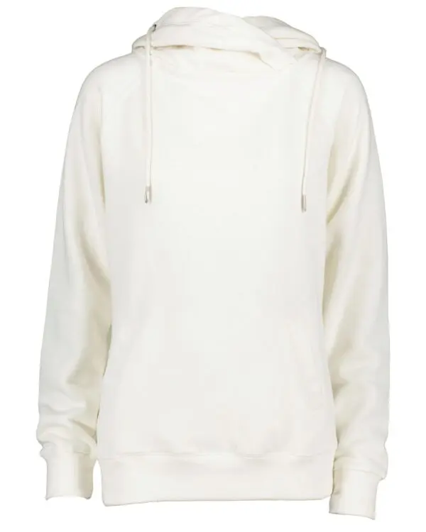 A white hoodie with a silver zipper on the side.