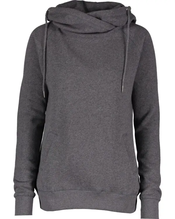 A woman wearing a gray sweatshirt with a hood.