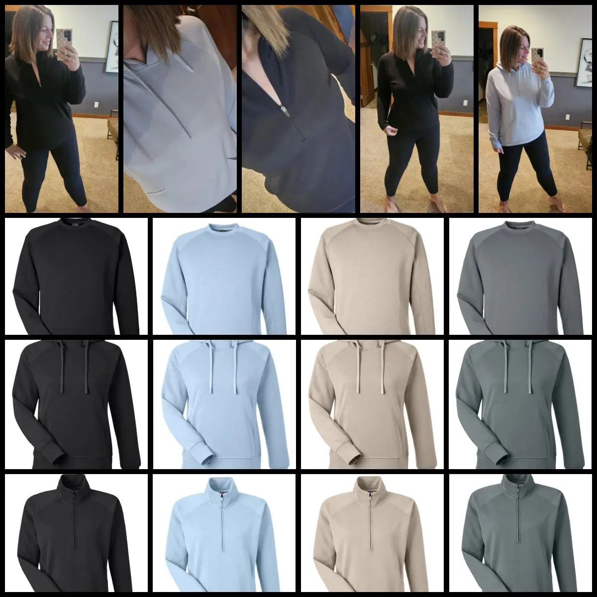 A collage of different colors and sizes of clothes.