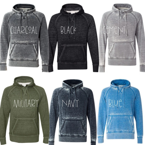 A group of six different colored hoodies with the word " charcoal " on them.