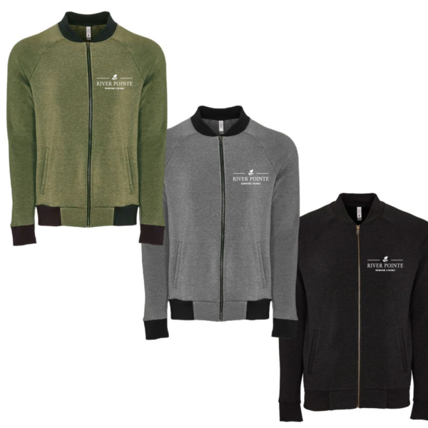 Three different colored jackets with a logo on them.