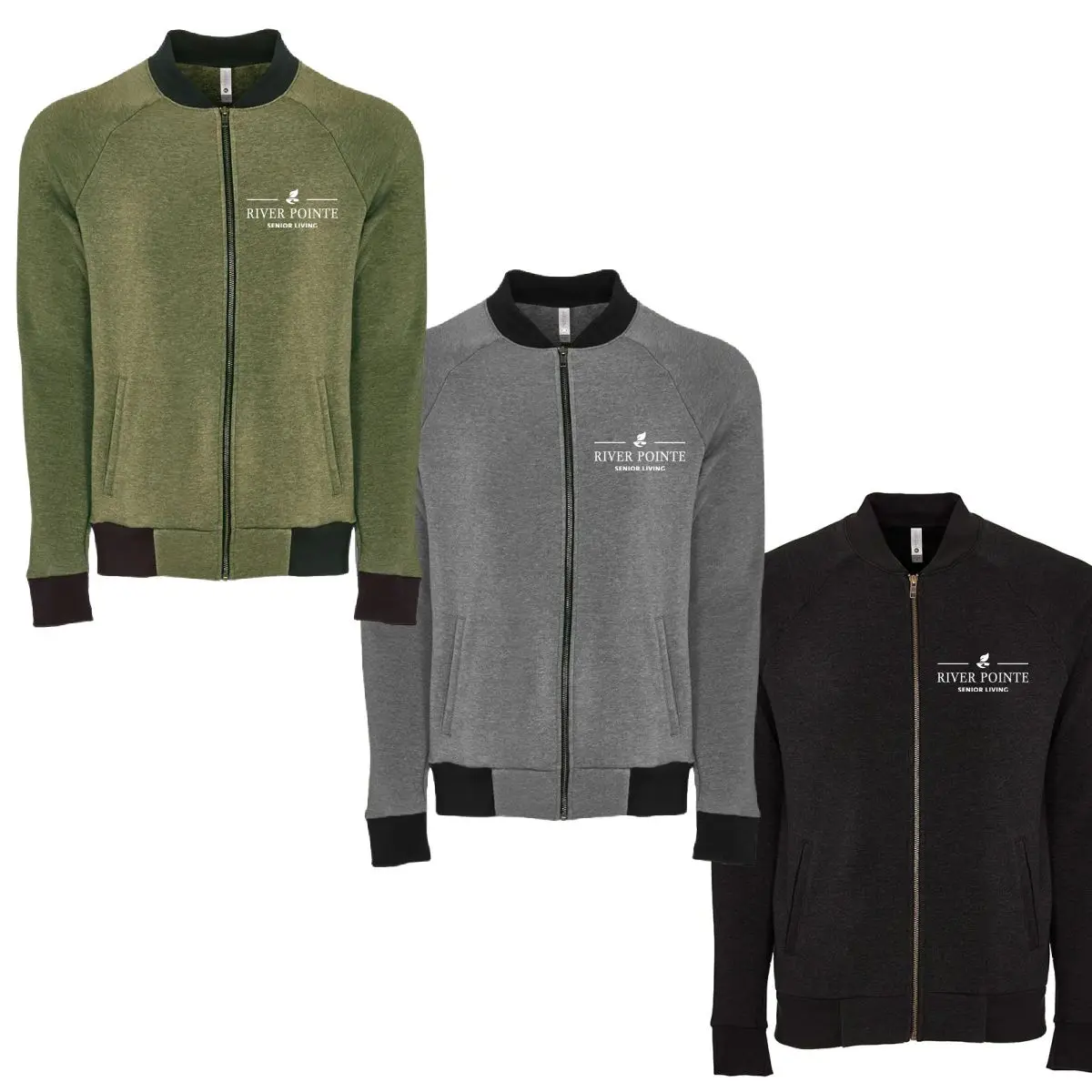 Three different colored jackets with a logo on them.