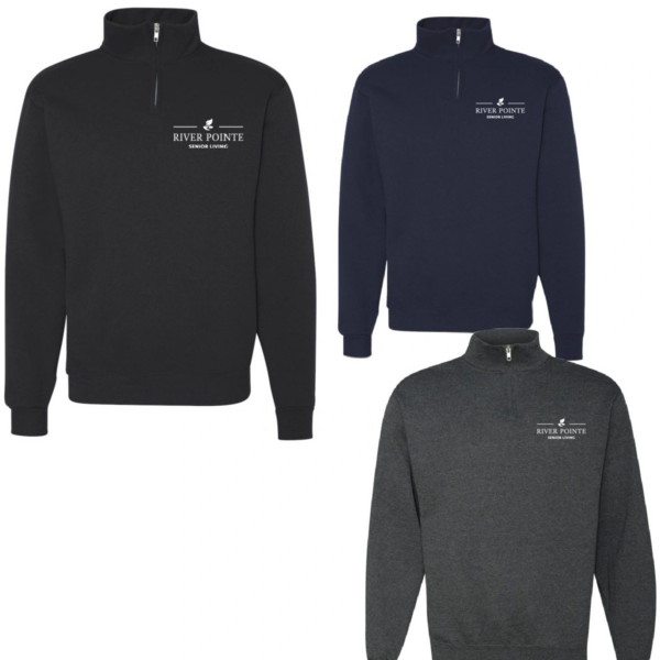 Three different colored sweatshirts with a logo on them.