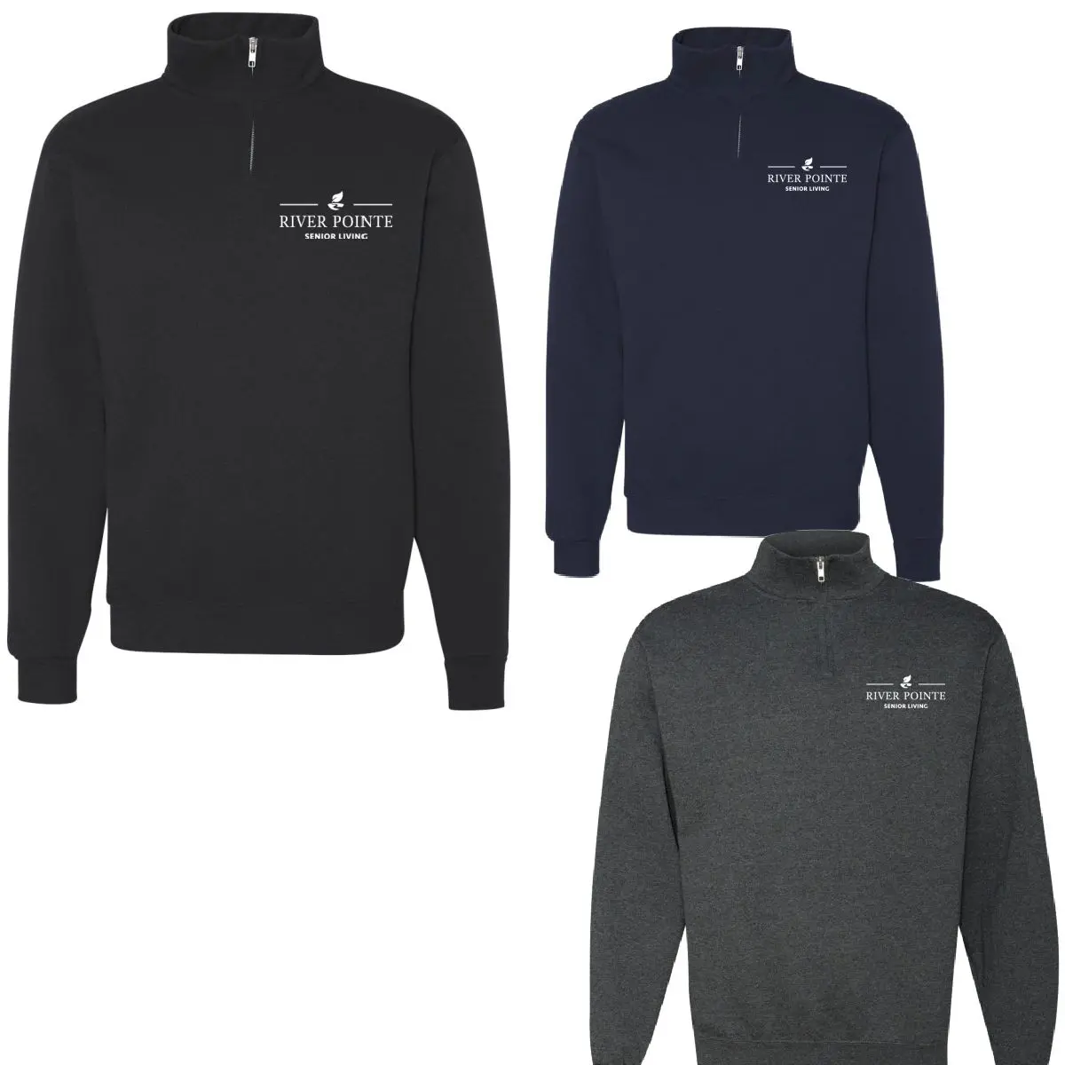 Three different colored sweatshirts with a logo on them.