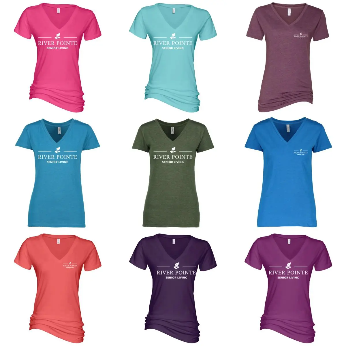 A group of different colored shirts with logos.
